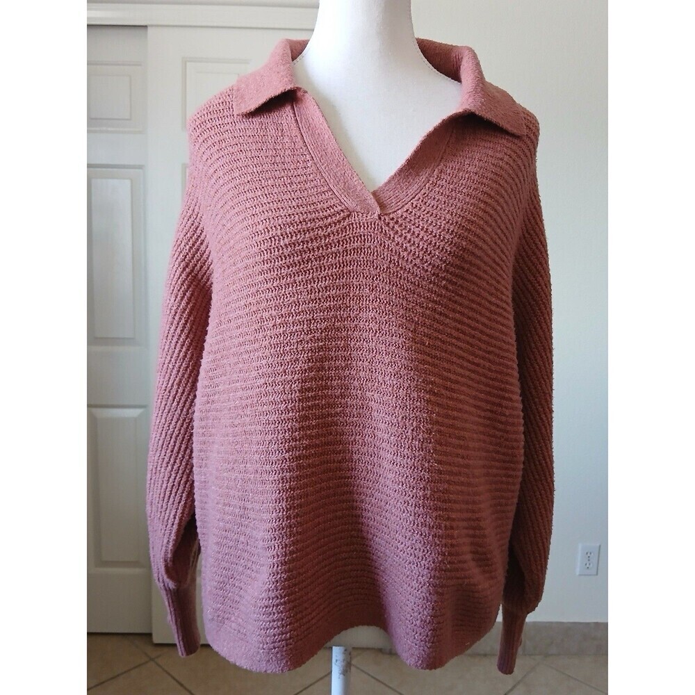 Olive + Oak Womens Sweater Pink Small Collared Tight Knit Bohemian Peasant